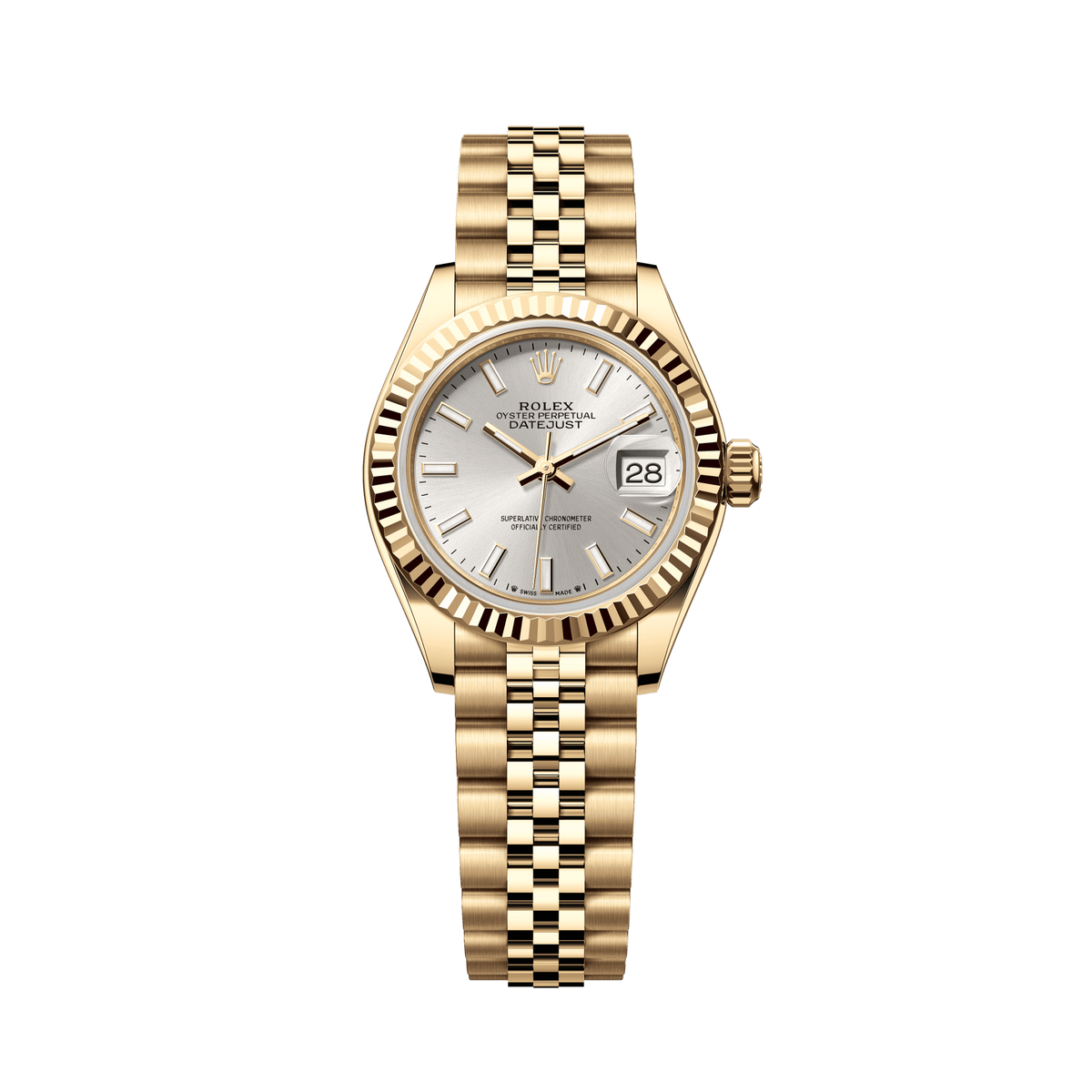 Rolex Oyster 28 mm 18k Yellow Gold Silver Dial Jubilee Bracelet 279178-0006