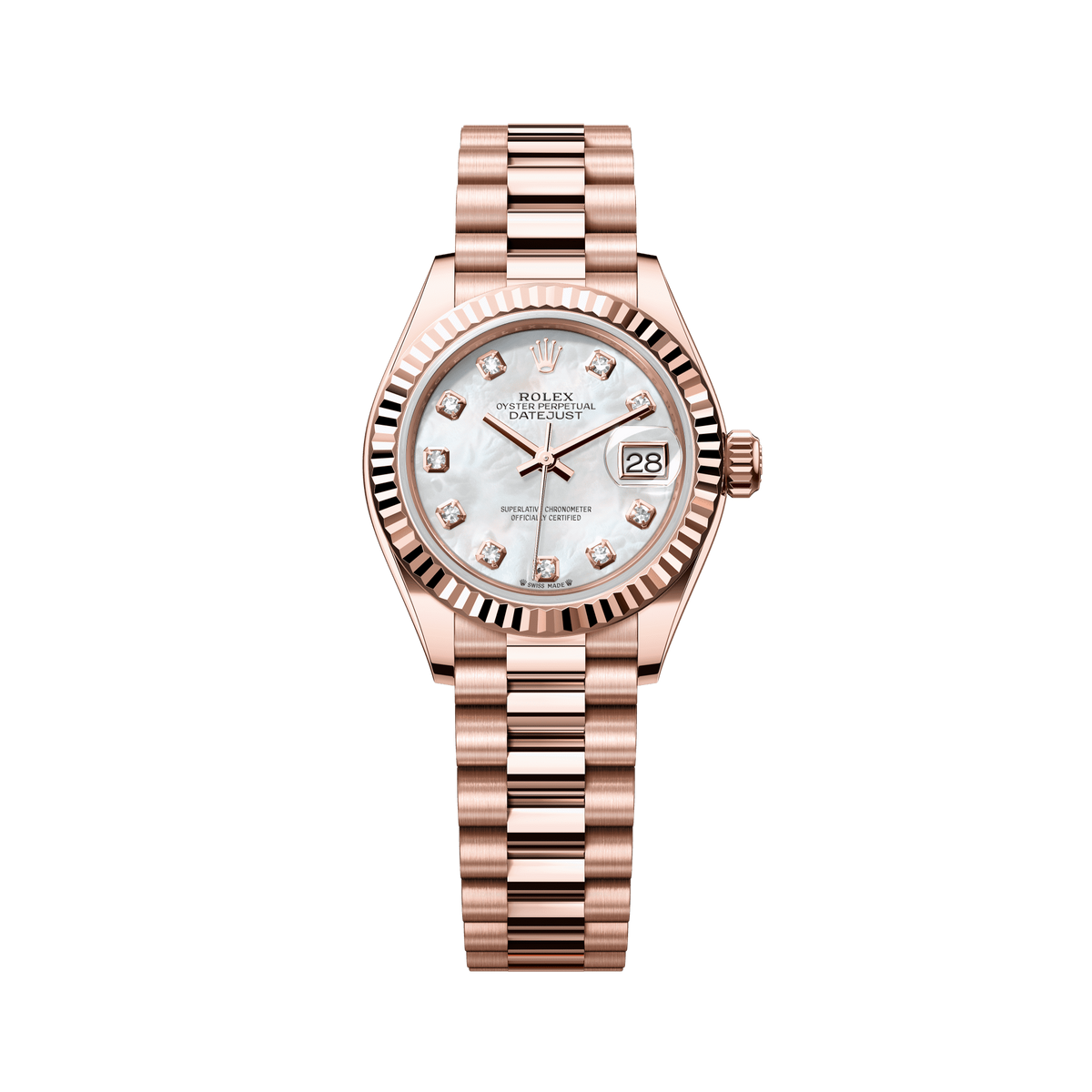 Rolex Oyster 28 mm White Mother-Of-Pearl Diamond Everose Gold President 279175-0017