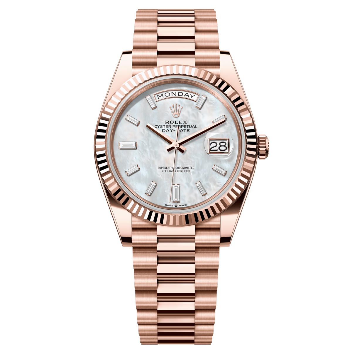 Rolex Oyster 40 mm White Mother-Of-Pearl Diamonds 18k Everose Gold President 228235-0056