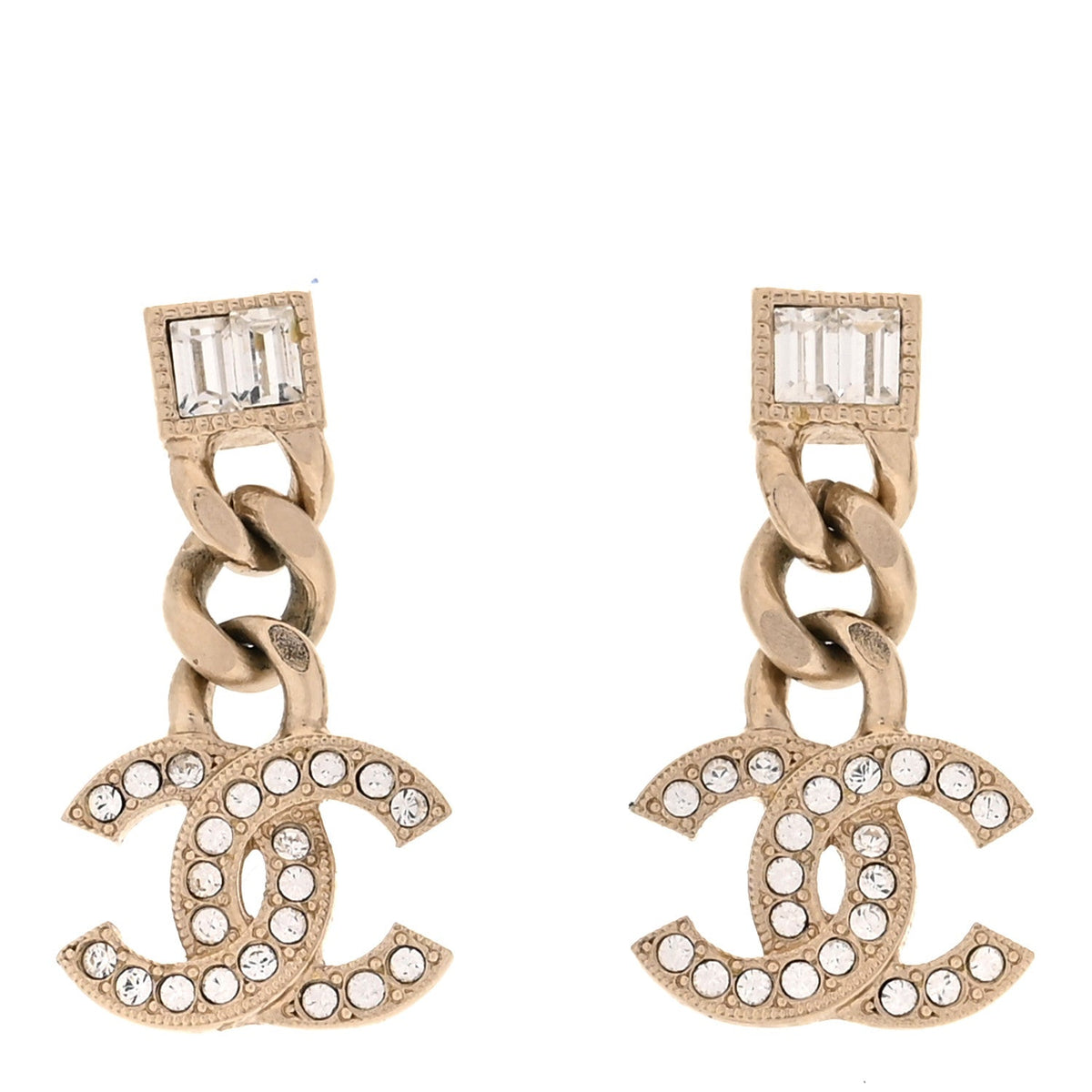 Chanel Metal Crystal Baguette CC Chain Drop Earrings Gold
