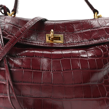 Balenciaga Shiny Calfskin Crocodile Embossed Mini Rodeo Top Handle Bag Dark Burgundy