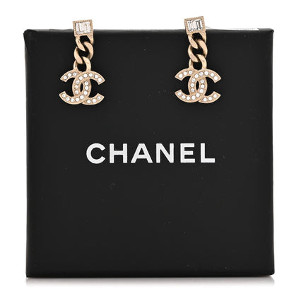 Chanel Metal Crystal Baguette CC Chain Drop Earrings Gold