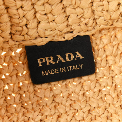 Prada Yarn Raffia Effect Crochet Embroidered Logo Tote Naturale