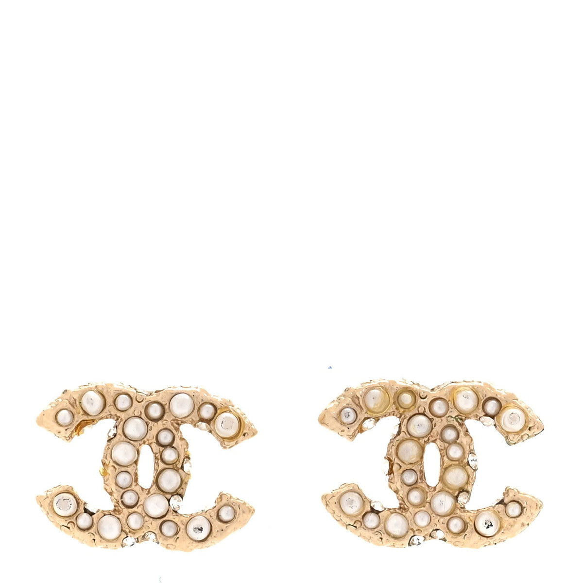 Chanel Metal Graduated Pearl Crystal CC Earrings Light Gold
