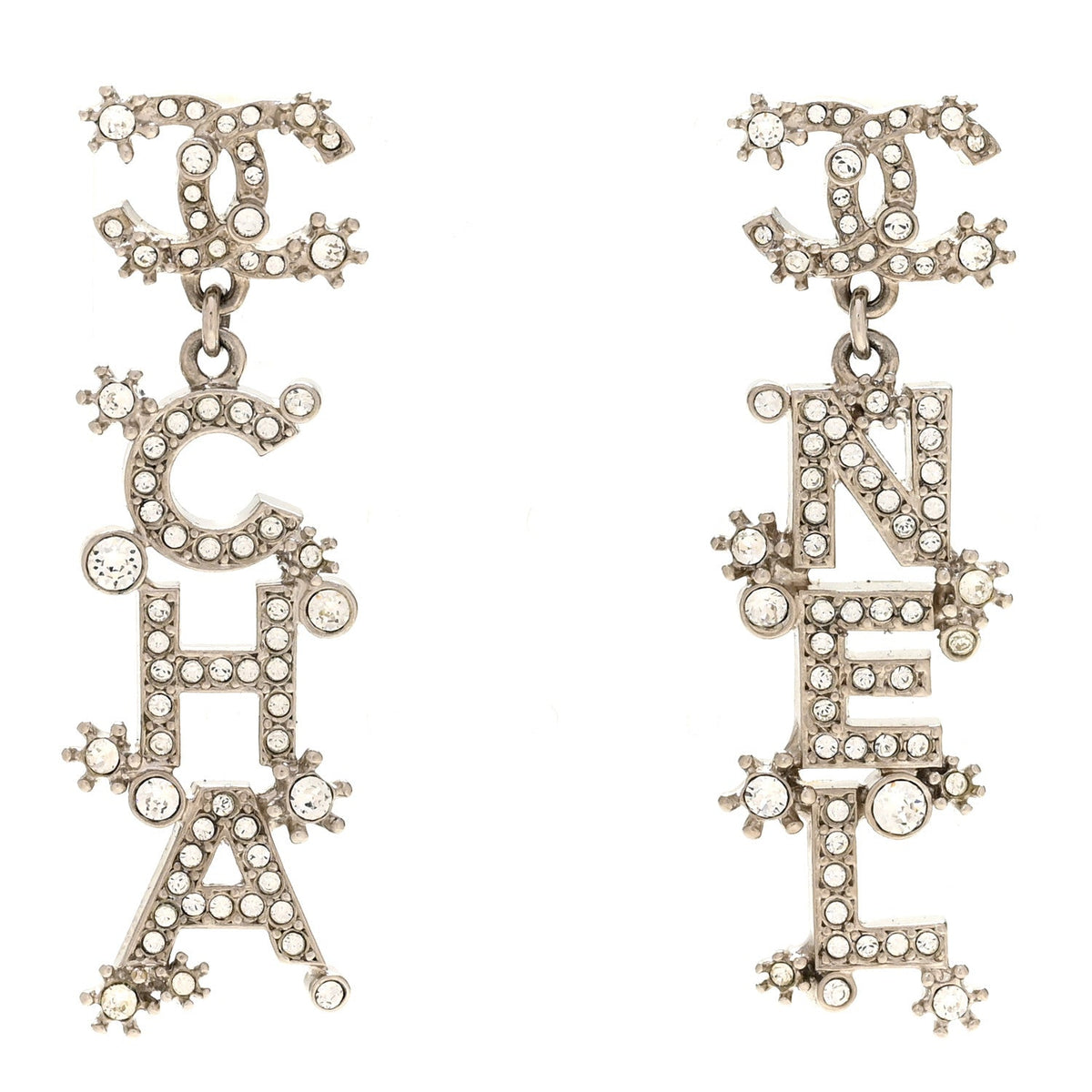 Chanel Crystal Cha-Nel Logo Drop Earrings Silver