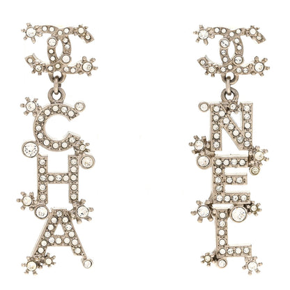 Chanel Crystal Cha-Nel Logo Drop Earrings Silver