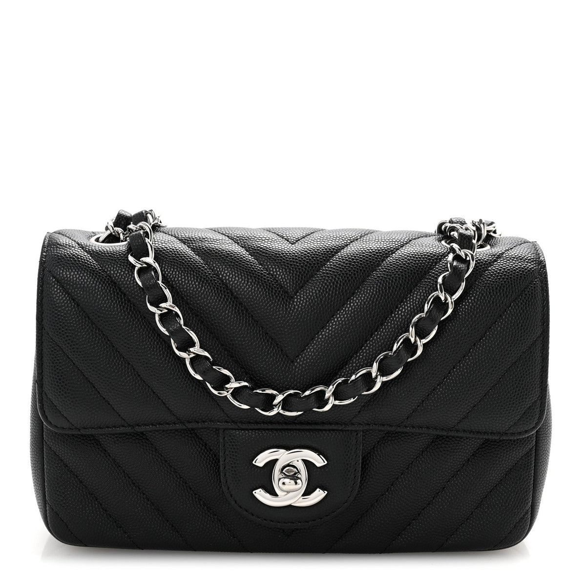 Chanel Caviar Chevron Quilted Mini Rectangular Flap Black
