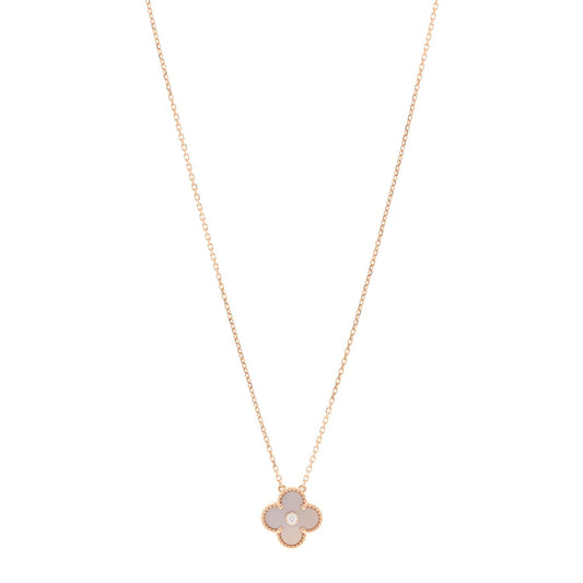 Van Cleef & Arpels 18K Rose Gold Diamond Pink Mother of Pearl Vintage Alhambra Pendant Necklace