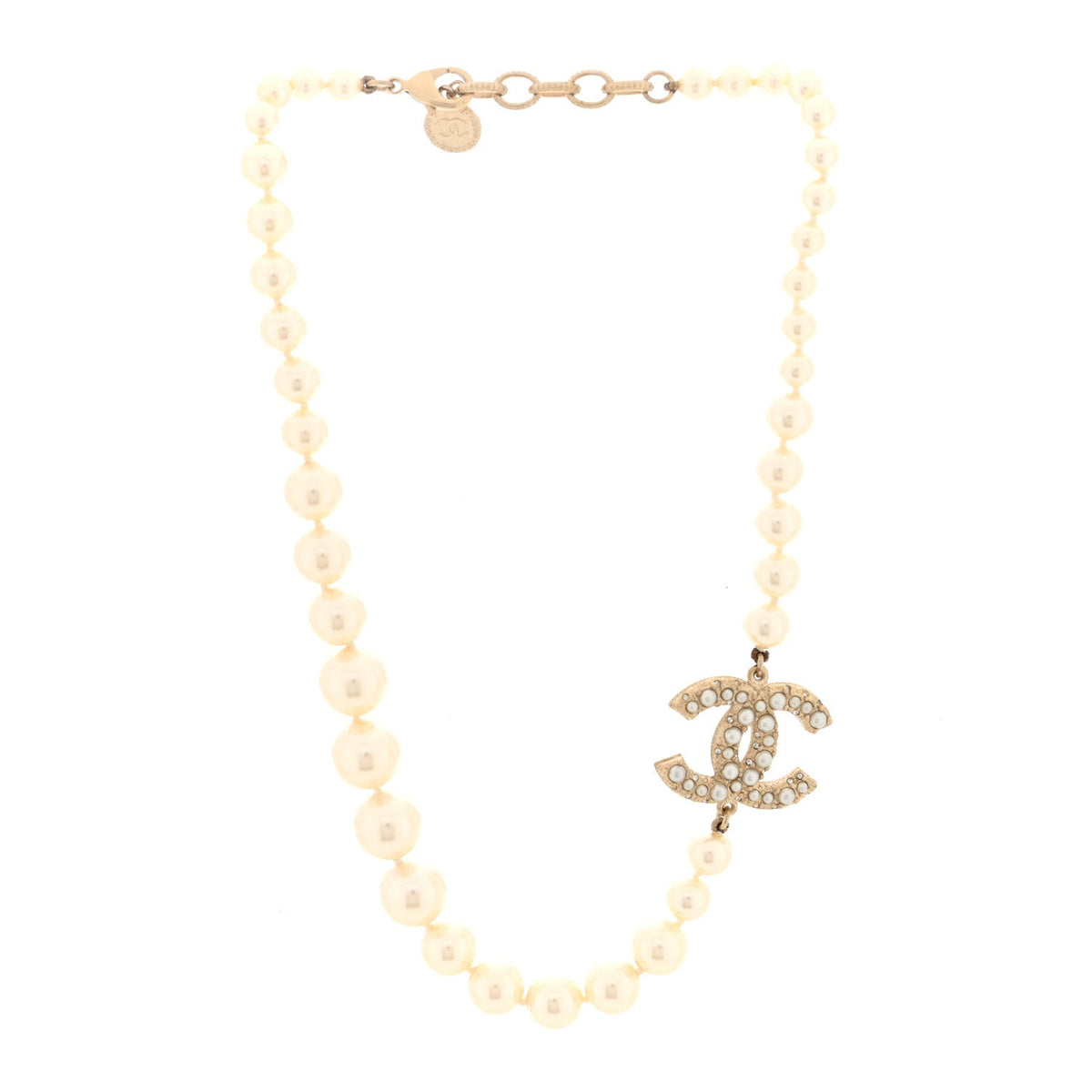 Chanel Pearl Crystal CC 100th Anniversary Necklace Light Gold