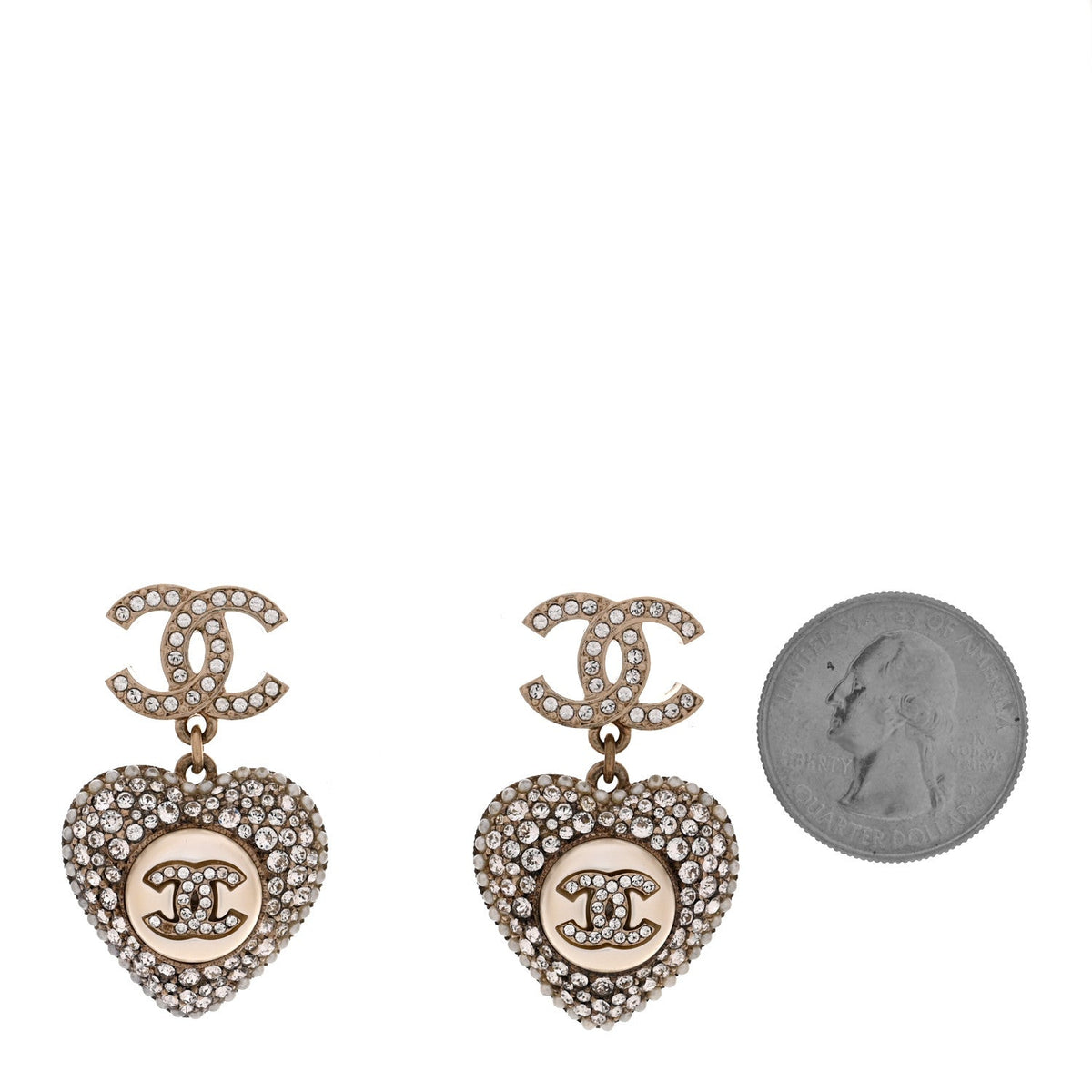 Chanel Pearl Crystal CC Heart Drop Earrings Gold White