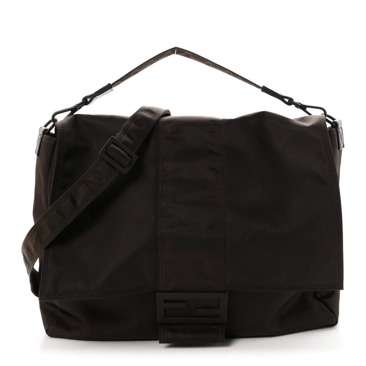 Fendi Econyl Nylon Cuoio Romano Large Baguette Messenger Bag Ebano