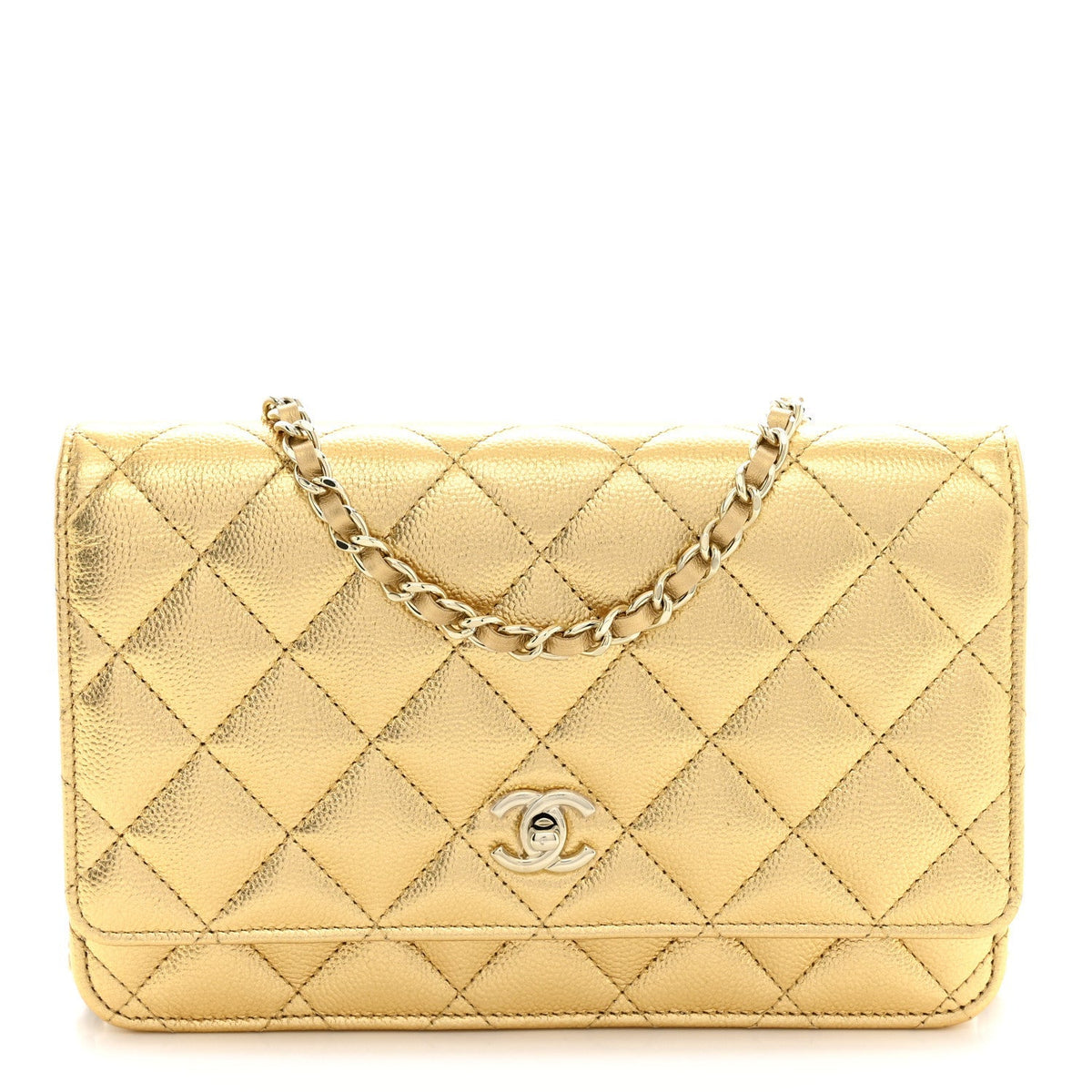 Chanel Metallic Caviar Quilted CC Turnlock Wallet On Chain Gold 1984250