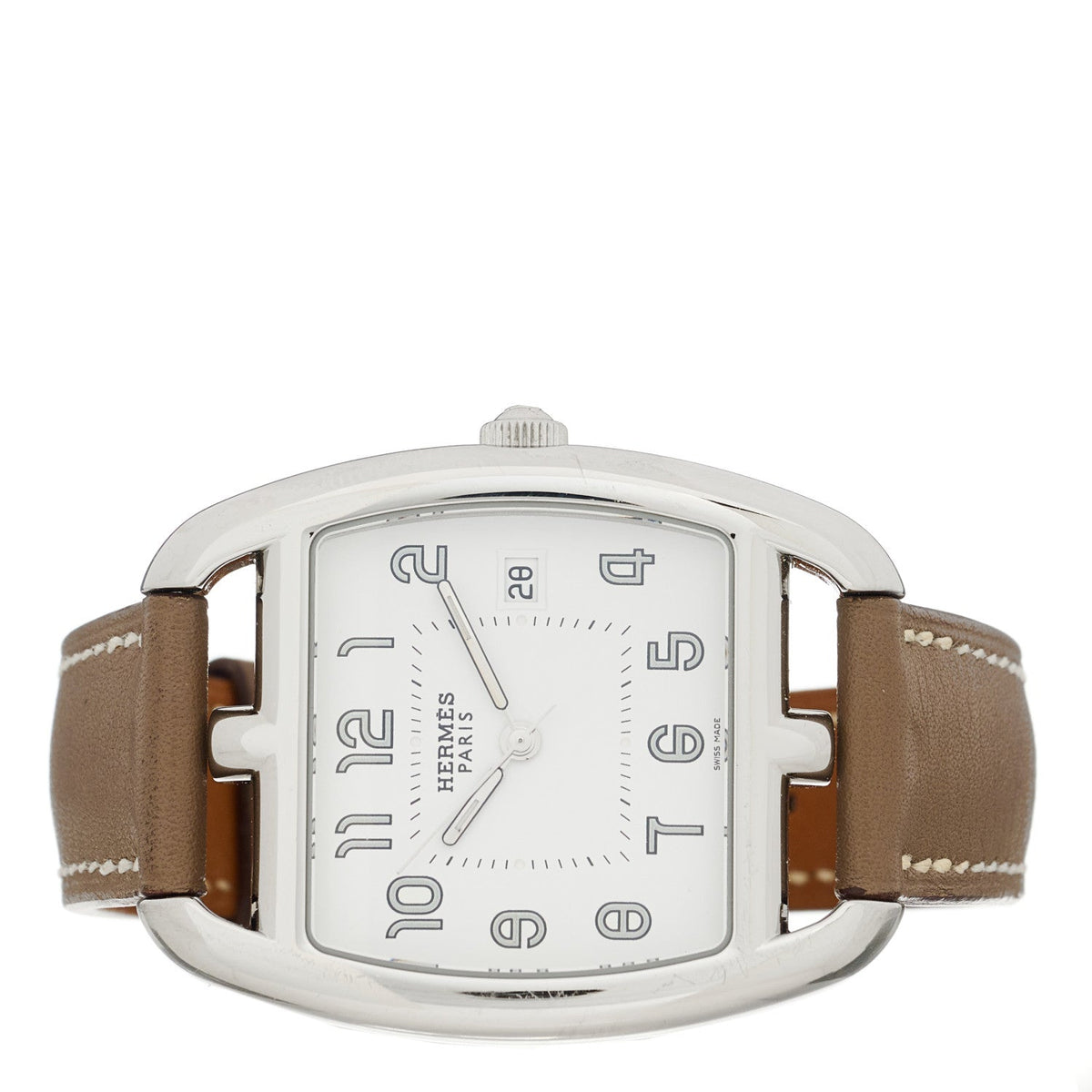 Hermes Stainless Steel Swift 33mm Cape Cod Tonneau Watch Etoupe