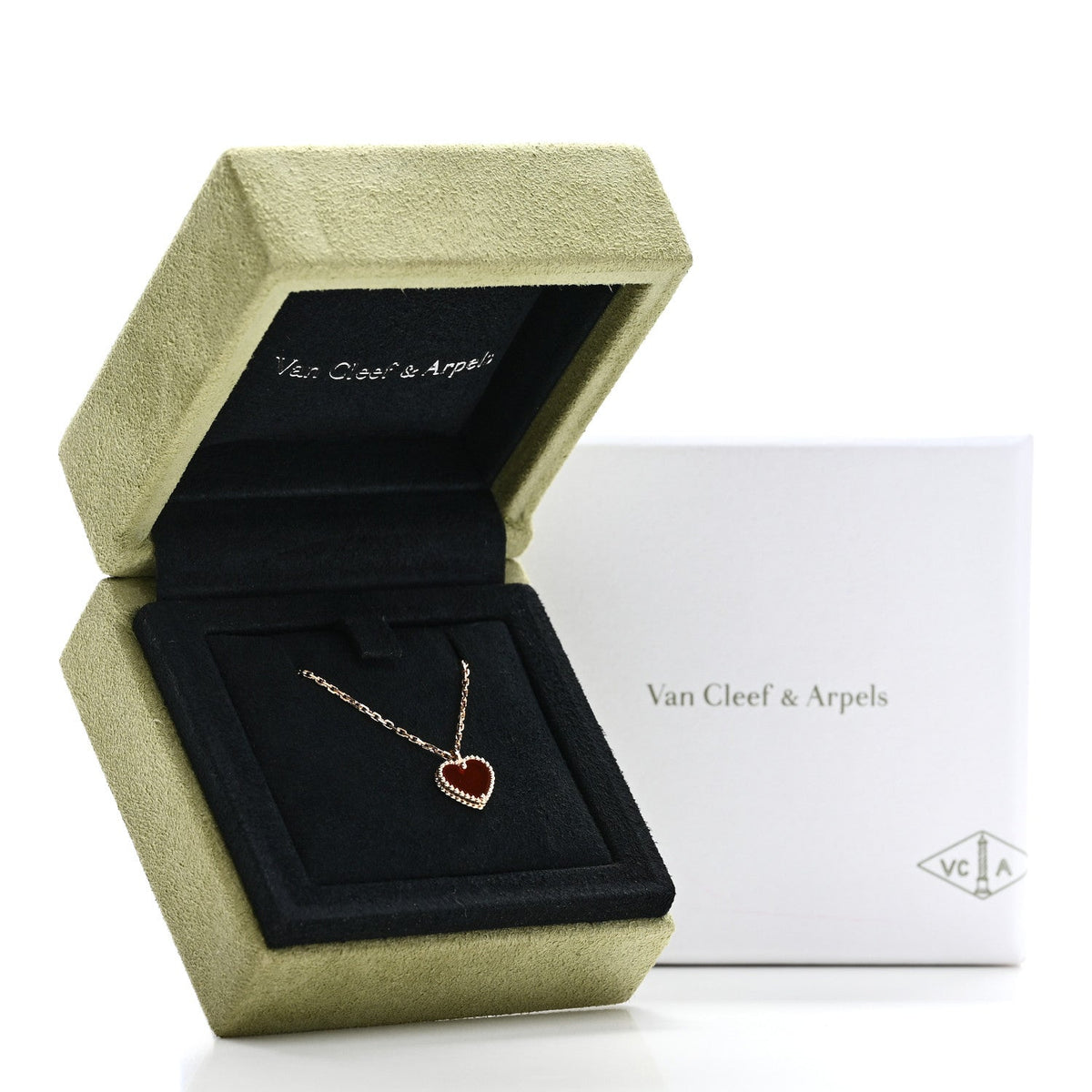 Van Cleef & Arpels 18K Rose Gold Carnelian Sweet Alhambra Heart Pendant Necklace