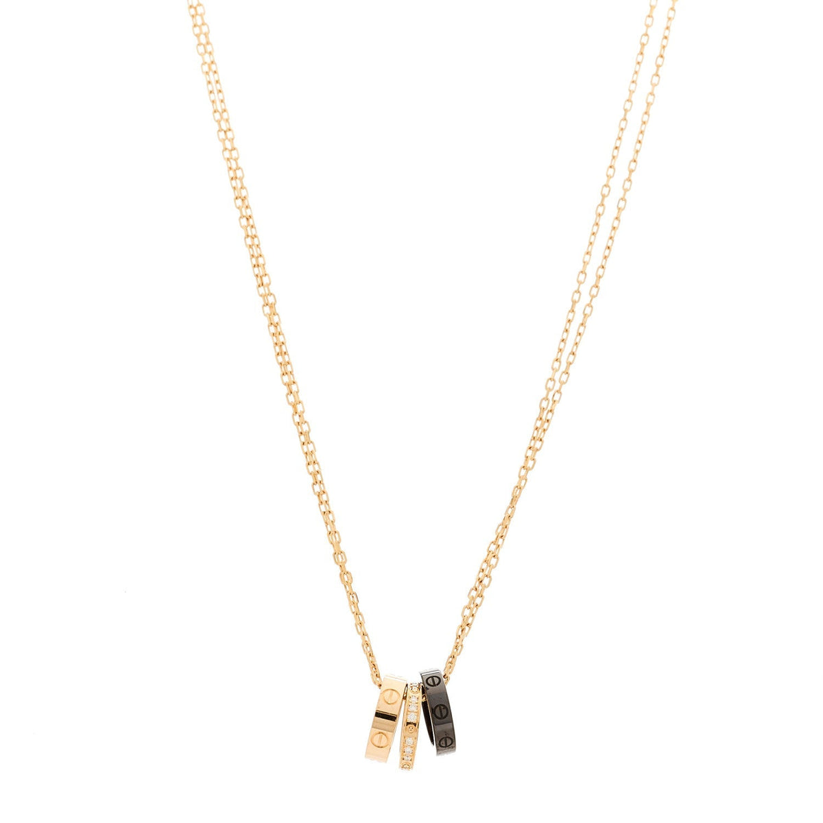 Cartier 18K Pink Gold Ceramic Diamond Three Ring LOVE Pendant Necklace