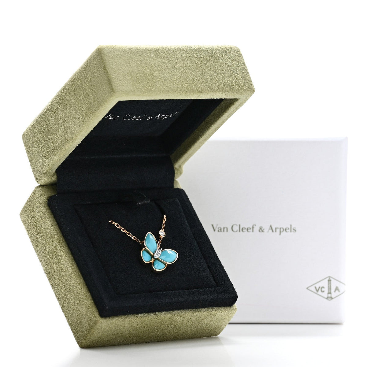 Van Cleef & Arpels 18K Yellow Gold Diamond Turquoise Two Butterfly Pendant Necklace