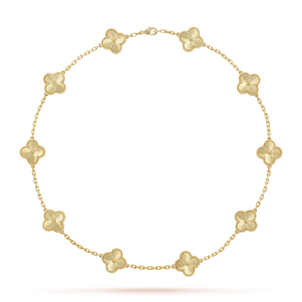18K Yellow Gold Guilloche Van Cleef & Arpels Vintage Alhambra Necklace