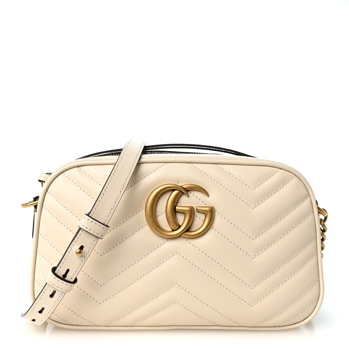 Gucci Calfskin Matelasse Small GG Marmont Chain Shoulder Bag White 1987195