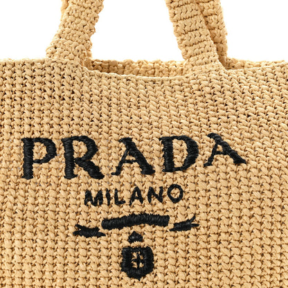 Prada Yarn Raffia Effect Crochet Embroidered Logo Tote Naturale