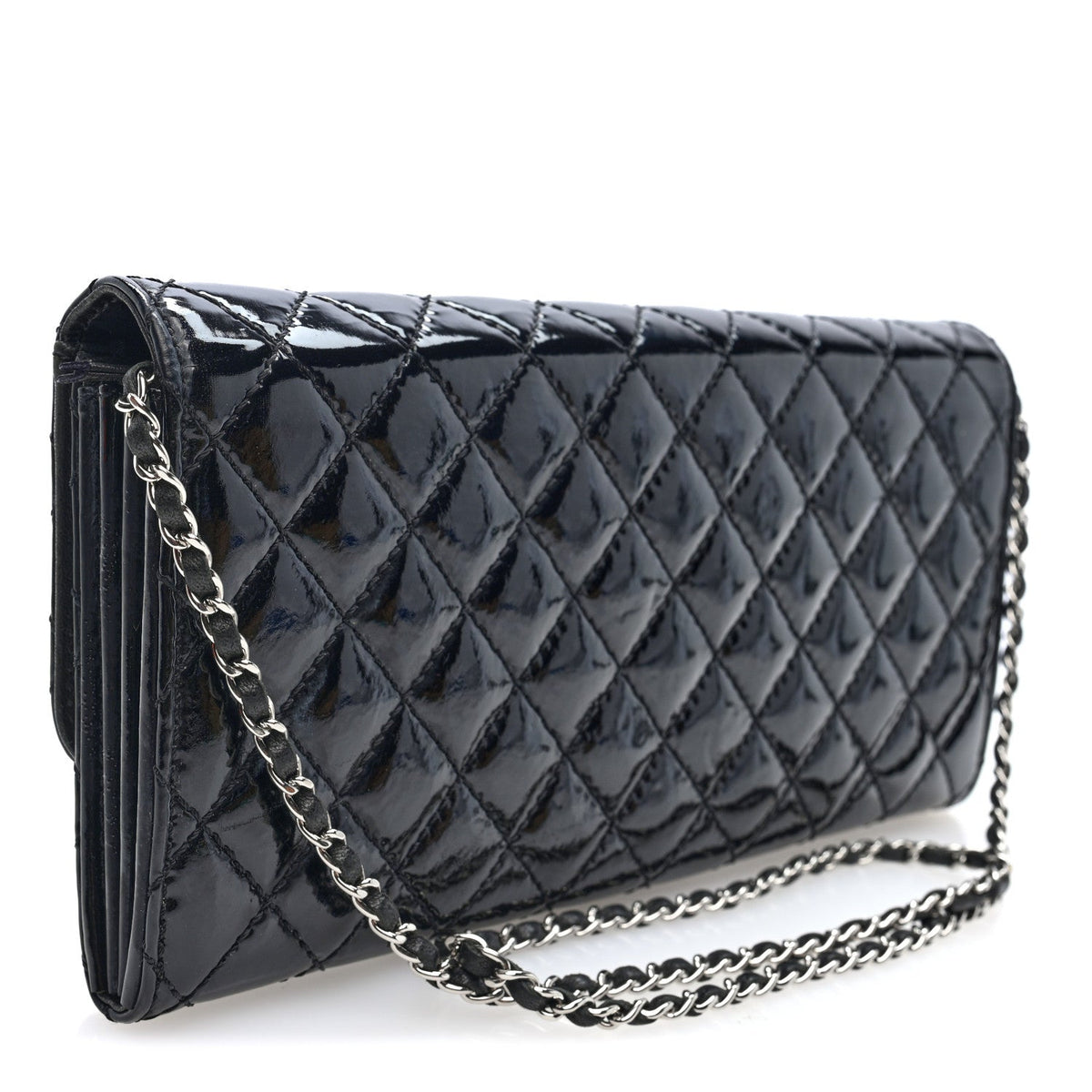 Chanel Patent Calfskin Quilted Flap Clutch With Chain Black