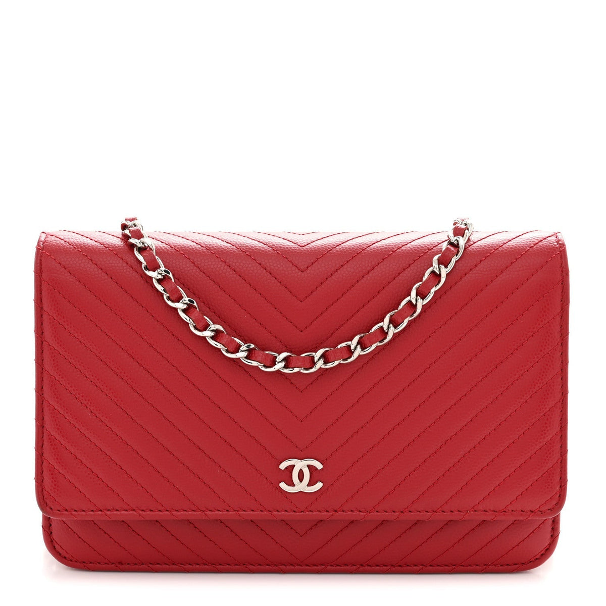 Chanel Caviar Chevron Quilted Wallet On Chain WOC Dark Red
