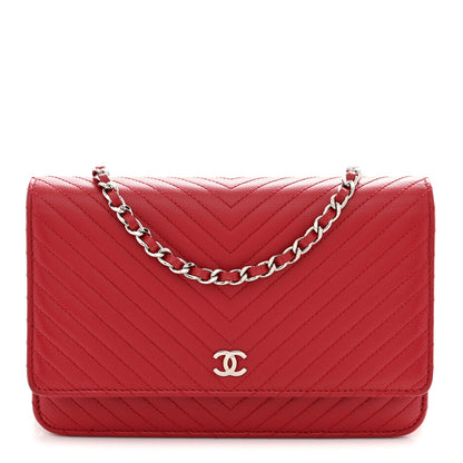 Chanel Caviar Chevron Quilted Wallet On Chain WOC Dark Red