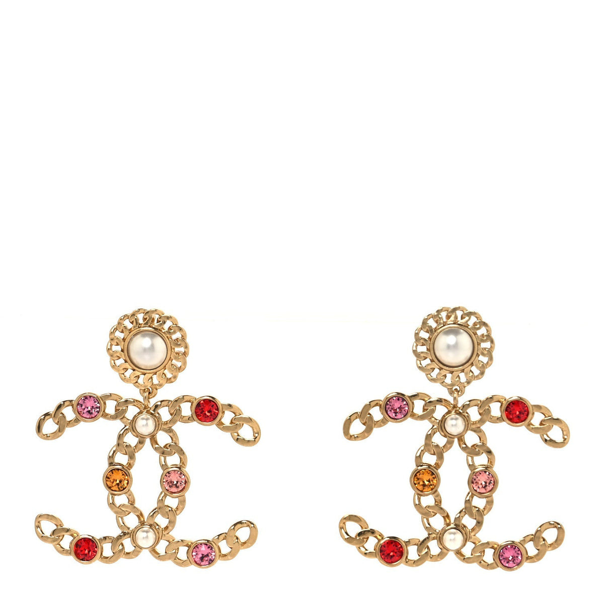 Chanel Pearl Crystal Chain Link CC Drop Earrings Gold Red Pink Yellow