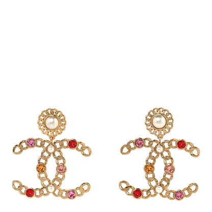 Chanel Pearl Crystal Chain Link CC Drop Earrings Gold Red Pink Yellow
