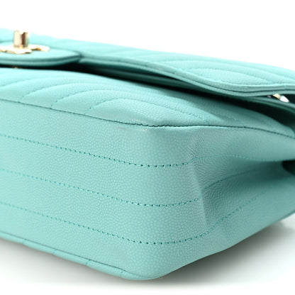 Chanel Caviar Flat Chevron Quilted Medium Double Flap Green