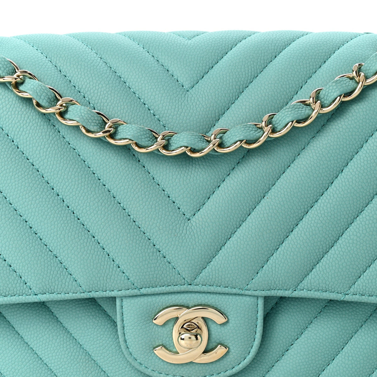 Chanel Caviar Flat Chevron Quilted Medium Double Flap Green