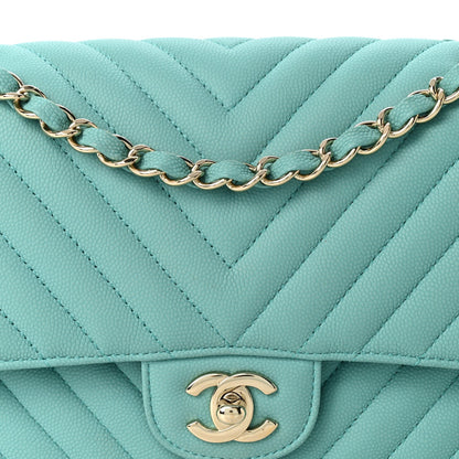 Chanel Caviar Flat Chevron Quilted Medium Double Flap Green