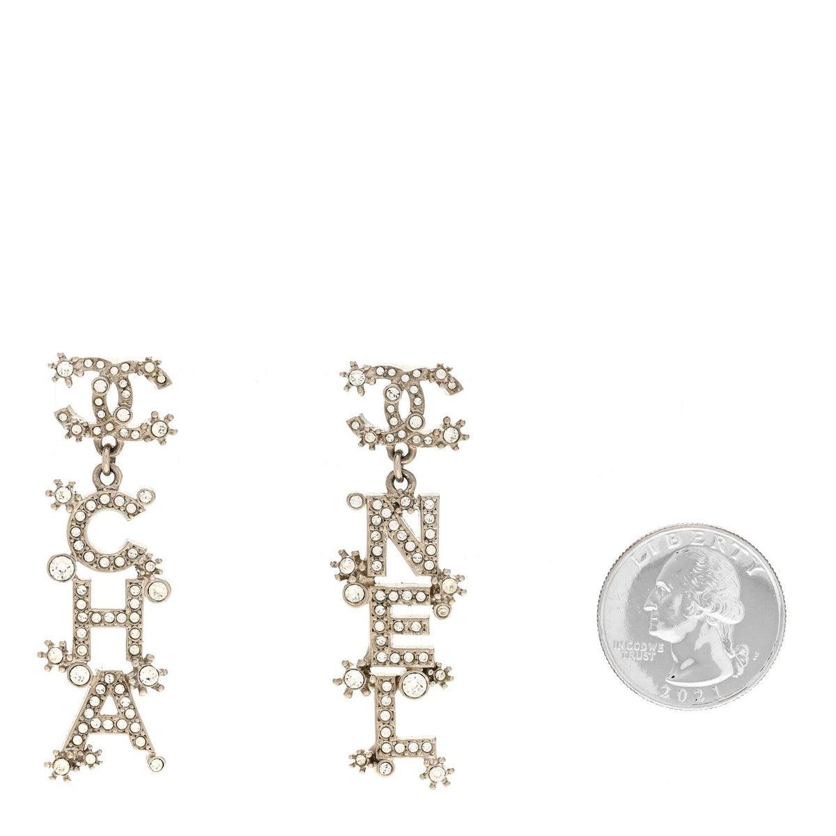 Chanel Crystal Cha-Nel Logo Drop Earrings Silver