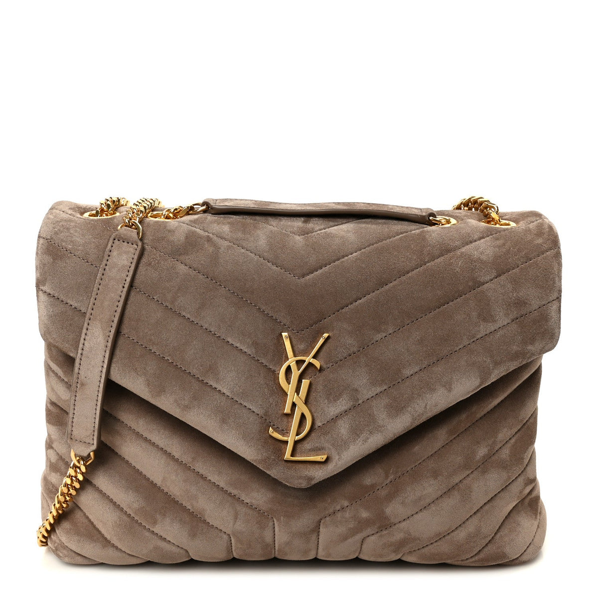 Saint Laurent Suede Y Quilted Medium Loulou Chain Satchel Taupe