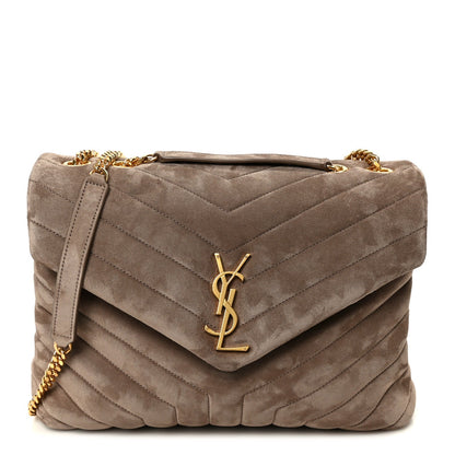 Saint Laurent Suede Y Quilted Medium Loulou Chain Satchel Taupe