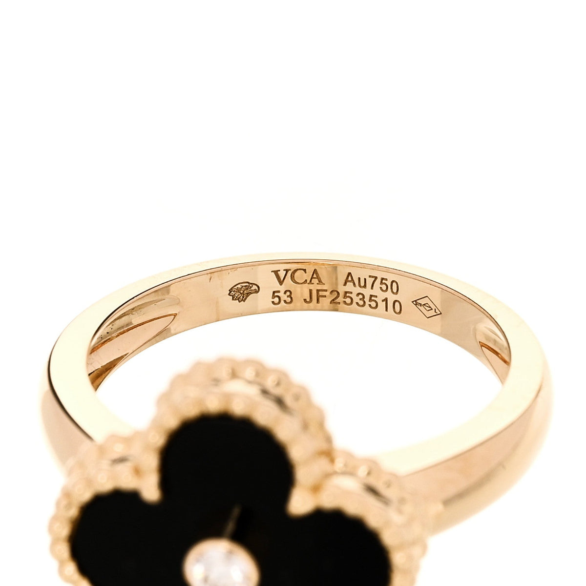 Van Cleef & Arpels 18K Yellow Gold Diamond Onyx Alhambra Ring 53 6.5
