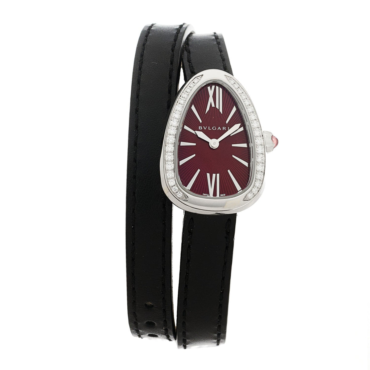 Bulgari Stainless Steel Calfskin Diamond 27mm Serpenti Watch Red
