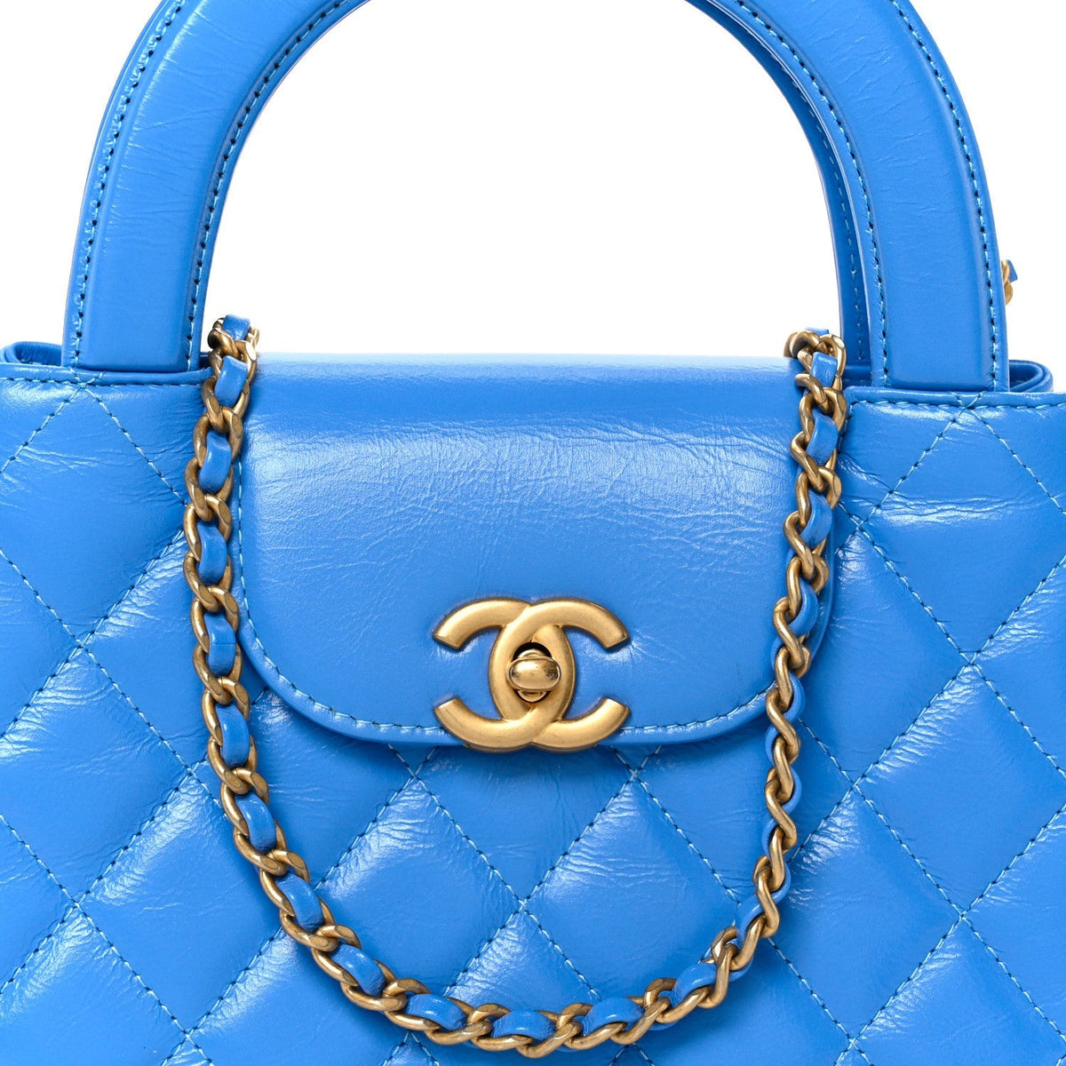 Chanel Shiny Aged Calfskin Quilted Nano Kelly Shopper Blue