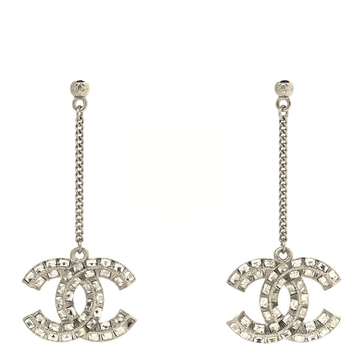 Chanel Baguette Crystal CC Drop Earrings Silver