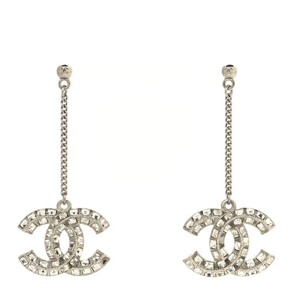 Chanel Baguette Crystal CC Drop Earrings Silver