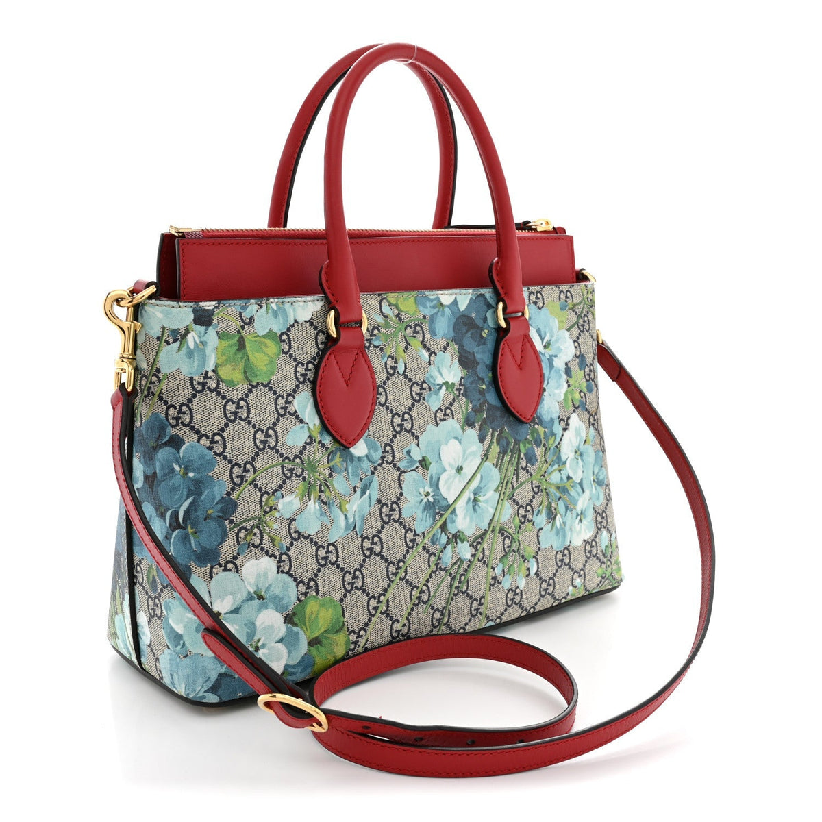 Gucci GG Supreme Blooms Small Zip Top Tote Beige Blue Navy Hibiscus Red