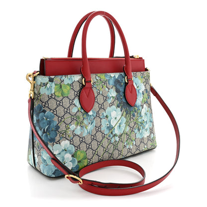 Gucci GG Supreme Blooms Small Zip Top Tote Beige Blue Navy Hibiscus Red