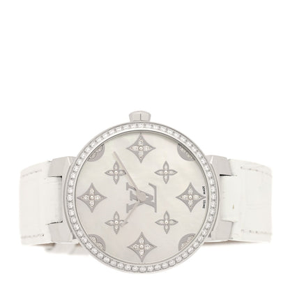 Louis Vuitton Stainless Steel Alligator Diamond 33mm Tambour Slim Watch White