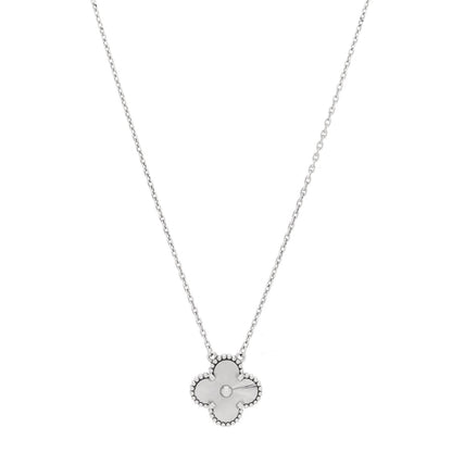 Van Cleef & Arpels 18K White Gold Guilloche Alhambra Pendant Necklace