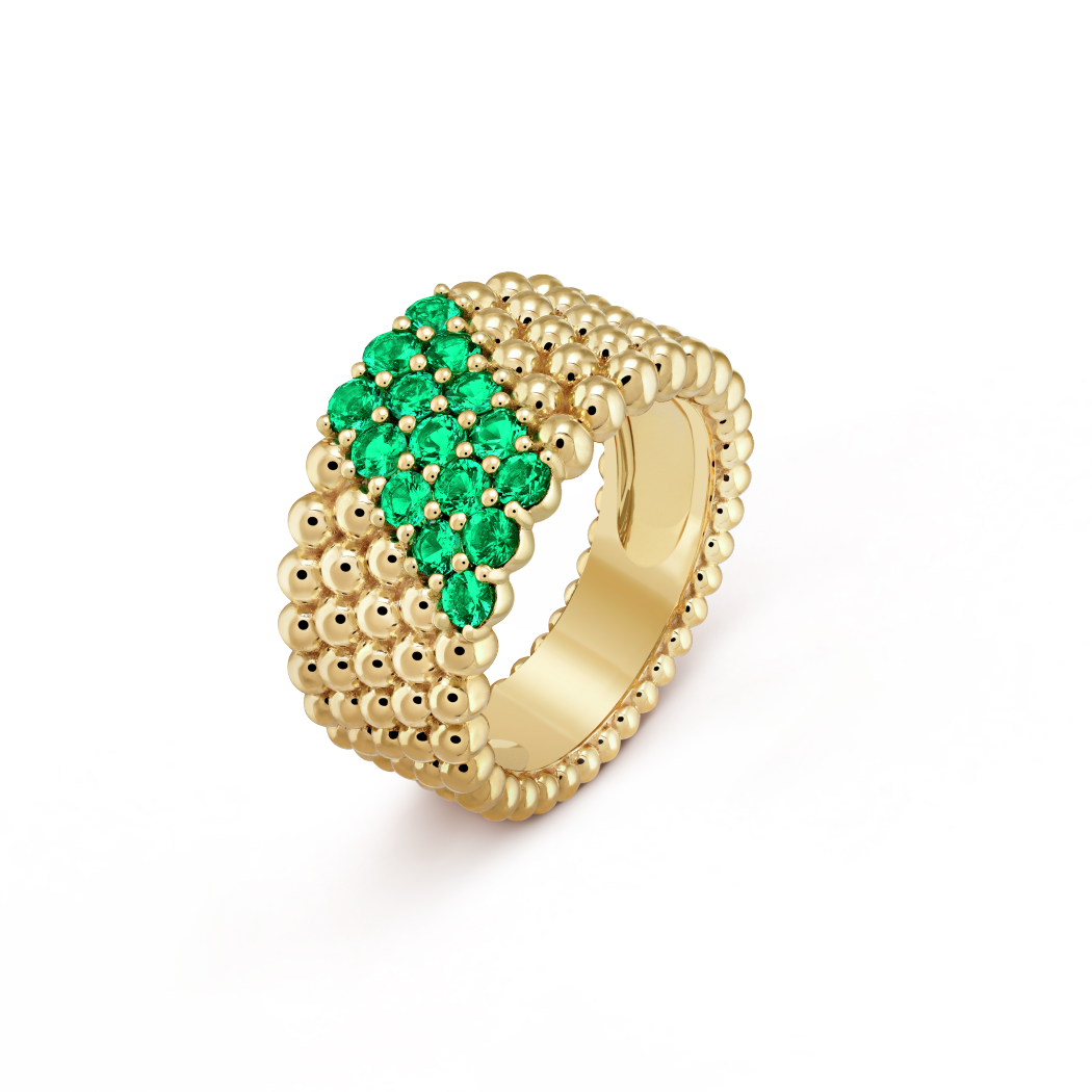 18K Gold Emerald VCA Perlée Couleurs 5 Rows Ring