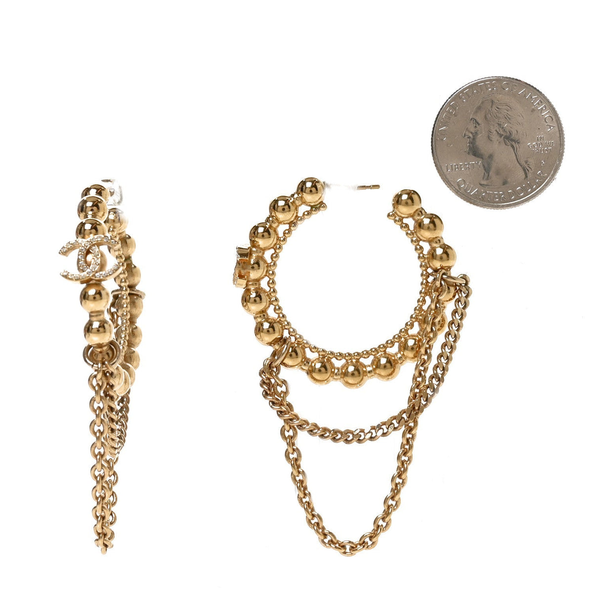Chanel Metal Crystal Bead Chain CC Hoop Earrings Gold