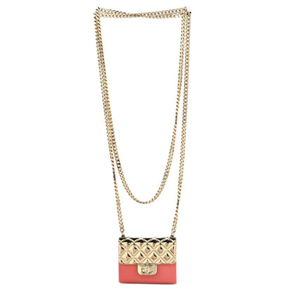 Chanel Metal Resin Flap Bag Long Necklace Gold Pink