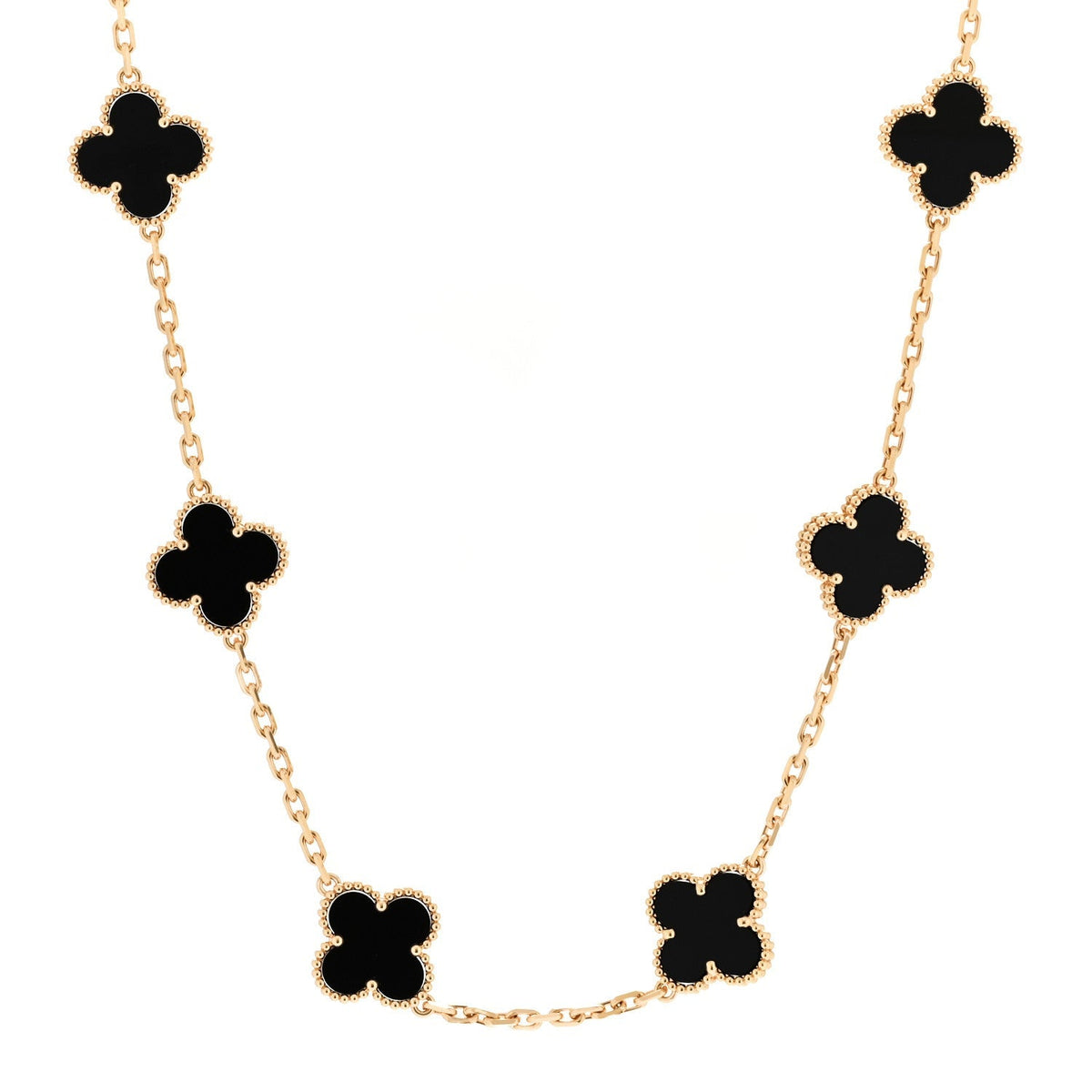 Van Cleef & Arpels 18K Yellow Gold Onyx 10 Motif Vintage Alhambra Necklace