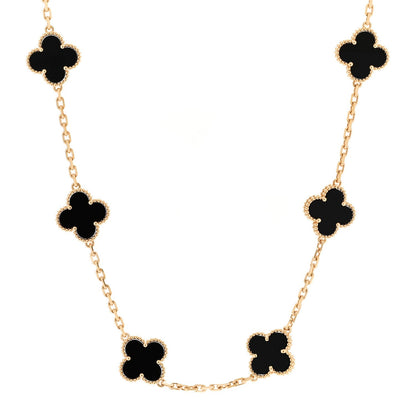 Van Cleef & Arpels 18K Yellow Gold Onyx 10 Motif Vintage Alhambra Necklace