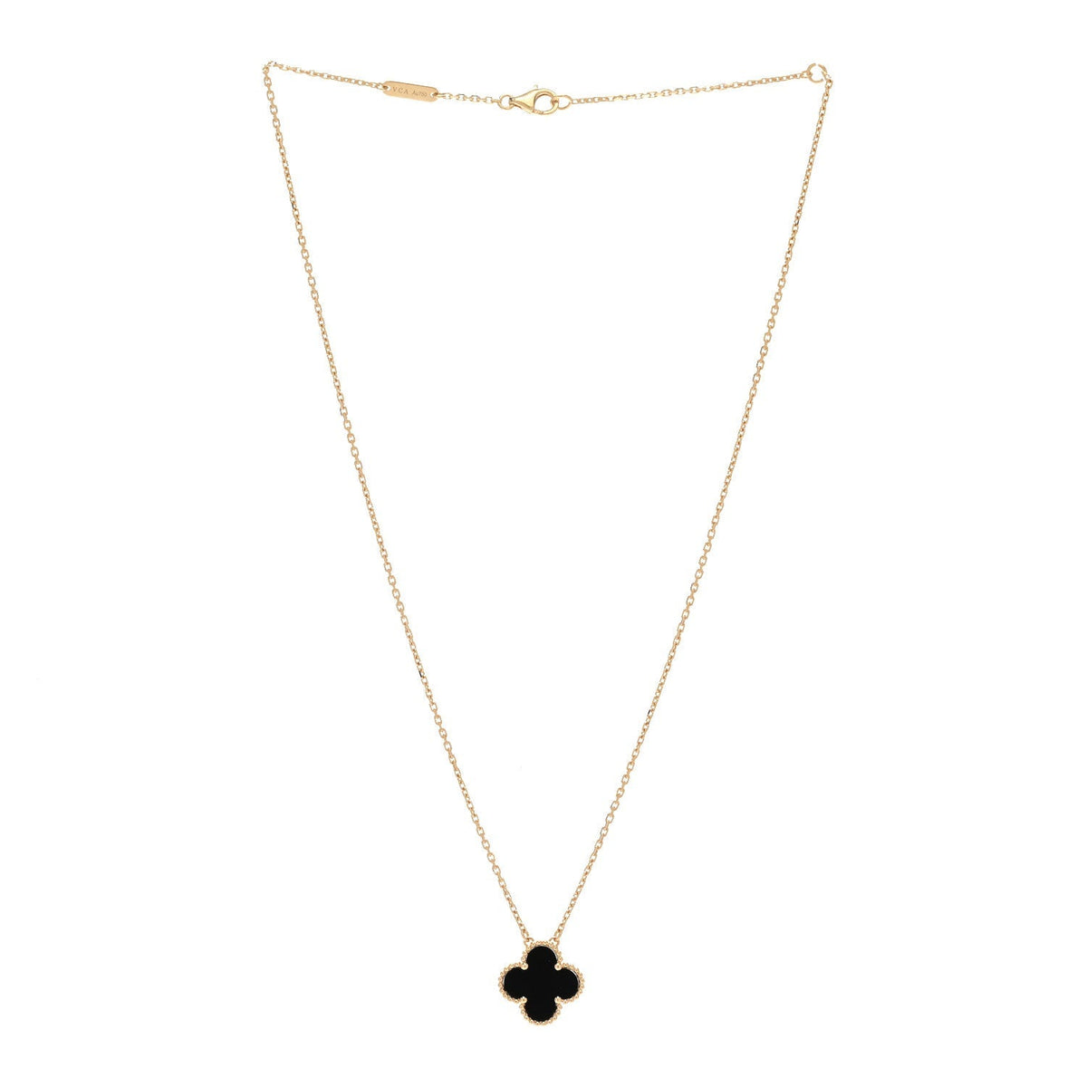 Van Cleef & Arpels 18K Yellow Gold Onyx Vintage Alhambra Pendant Necklace