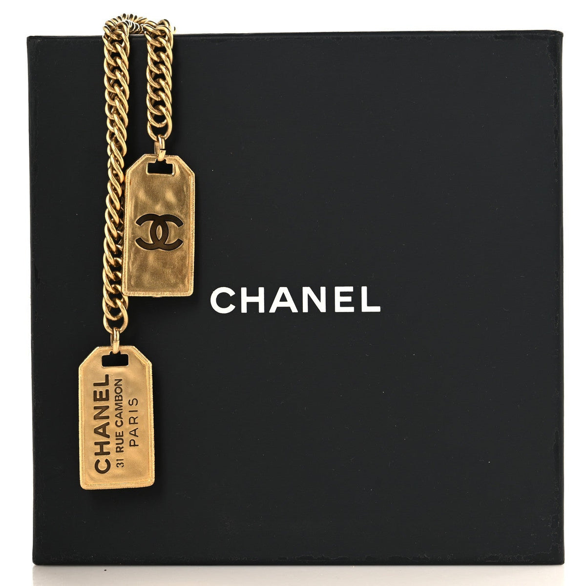 Chanel Metal ID Dog Tag Charm Necklace Gold